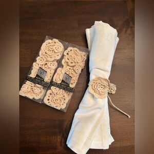 Vintage set 12 crochet table napkins rings holders beige floral cotton cottage